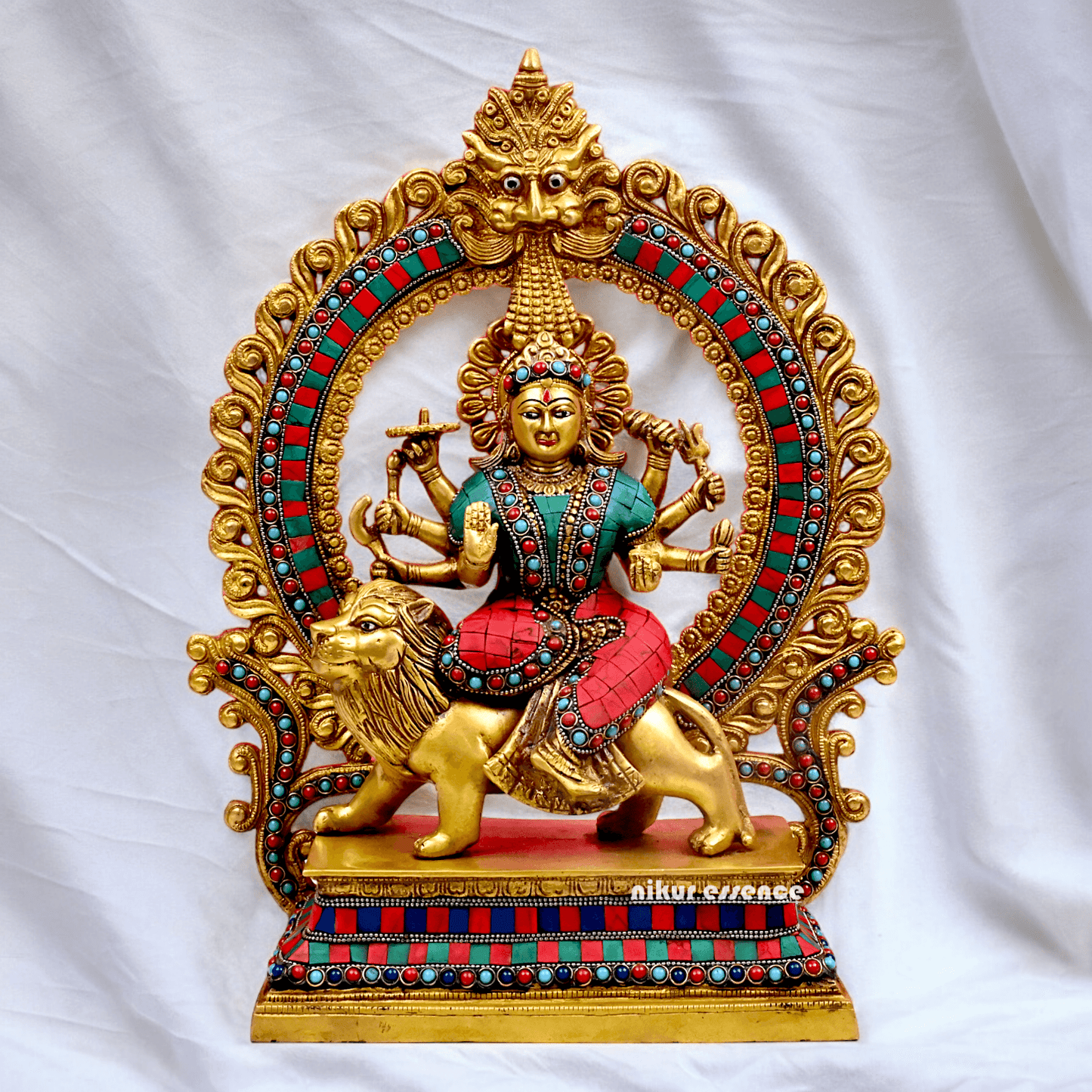 Large Brass Durga maa sitting on lion with stone work by Nikur Essence - 14.5 Inch Height