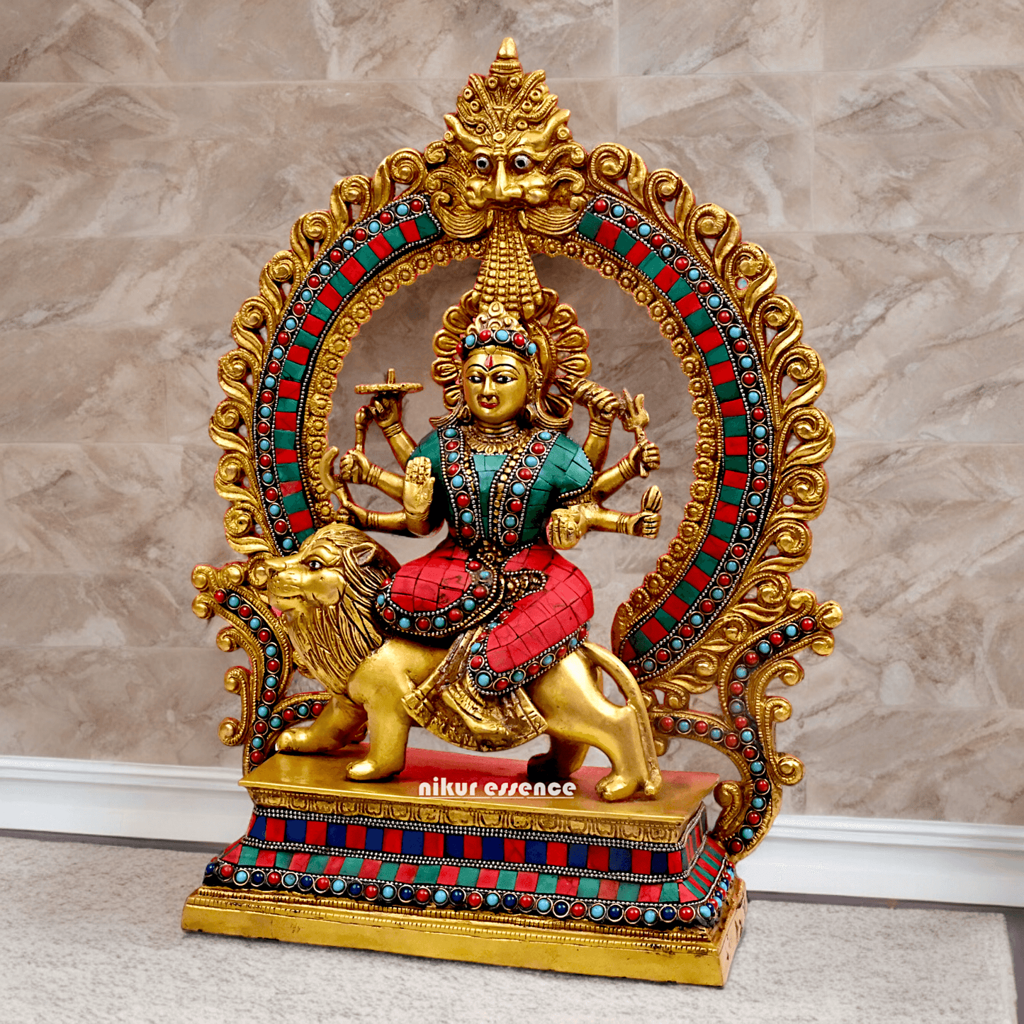 Large Brass Durga maa sitting on lion with stone work by Nikur Essence - 14.5 Inch Height