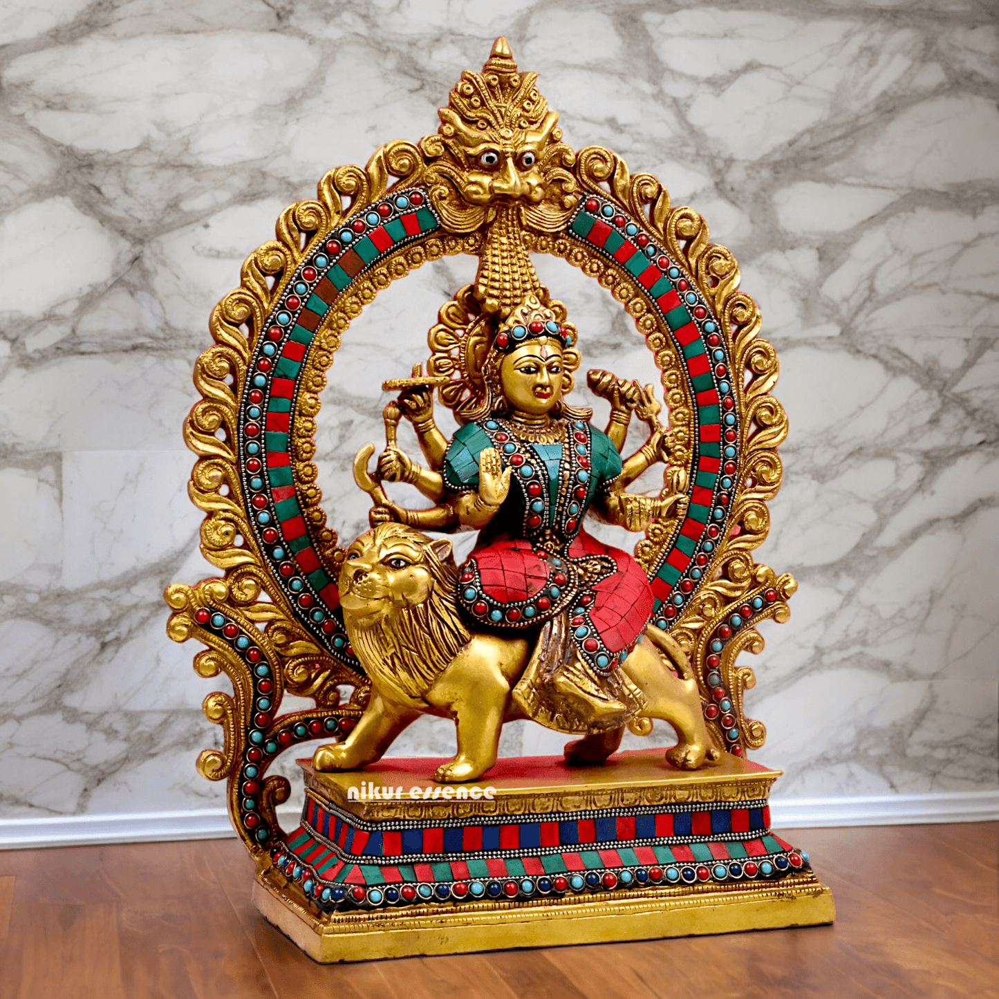 Large Brass Durga maa sitting on lion with stone work by Nikur Essence - 14.5 Inch Height