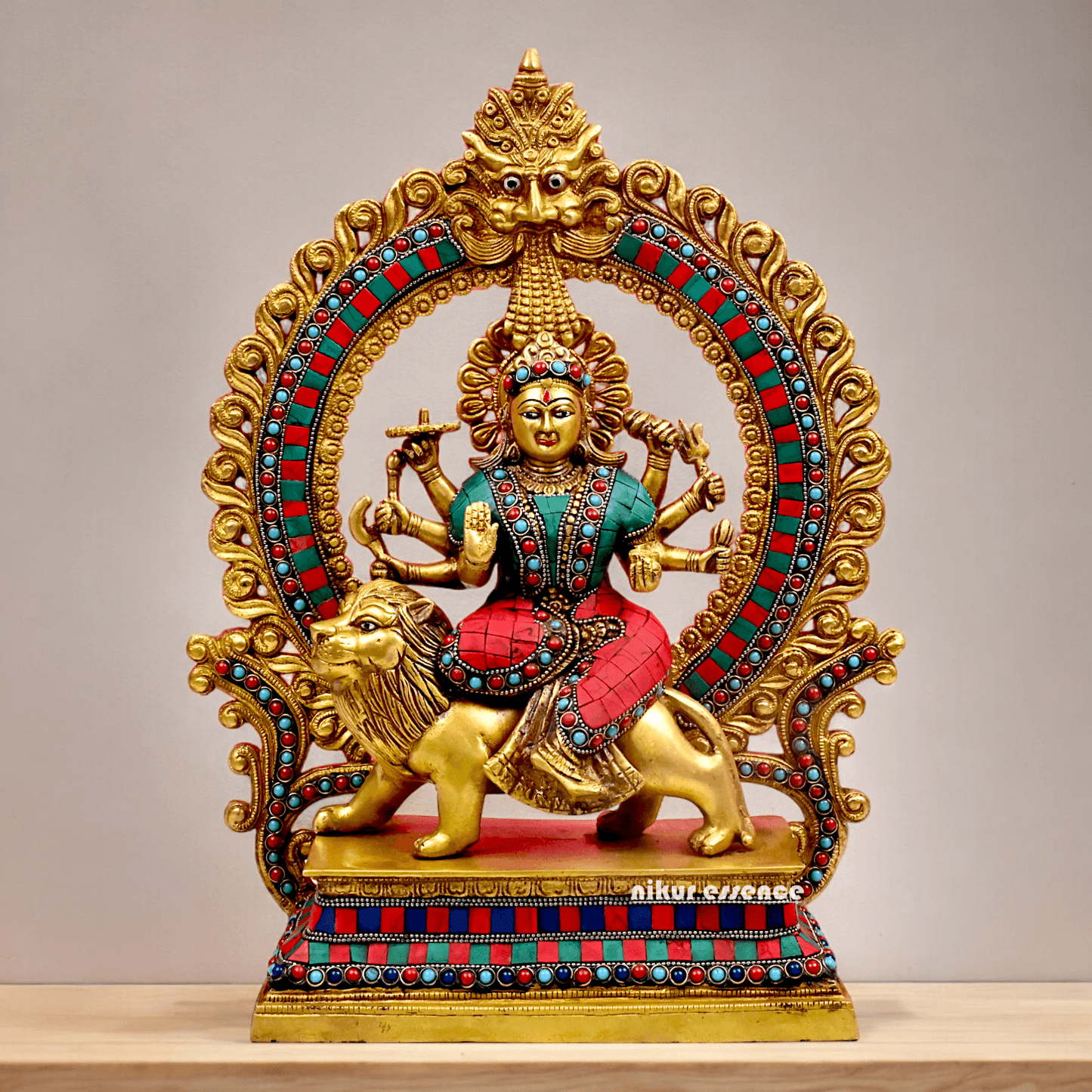 Large Brass Durga maa sitting on lion with stone work by Nikur Essence - 14.5 Inch Height