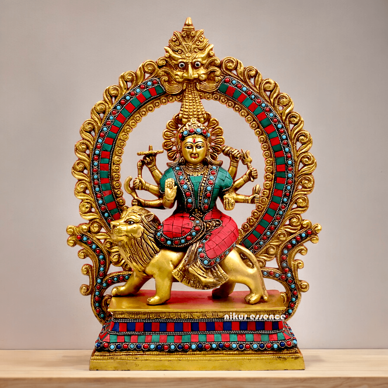 Large Brass Durga maa sitting on lion with stone work by Nikur Essence - 14.5 Inch Height