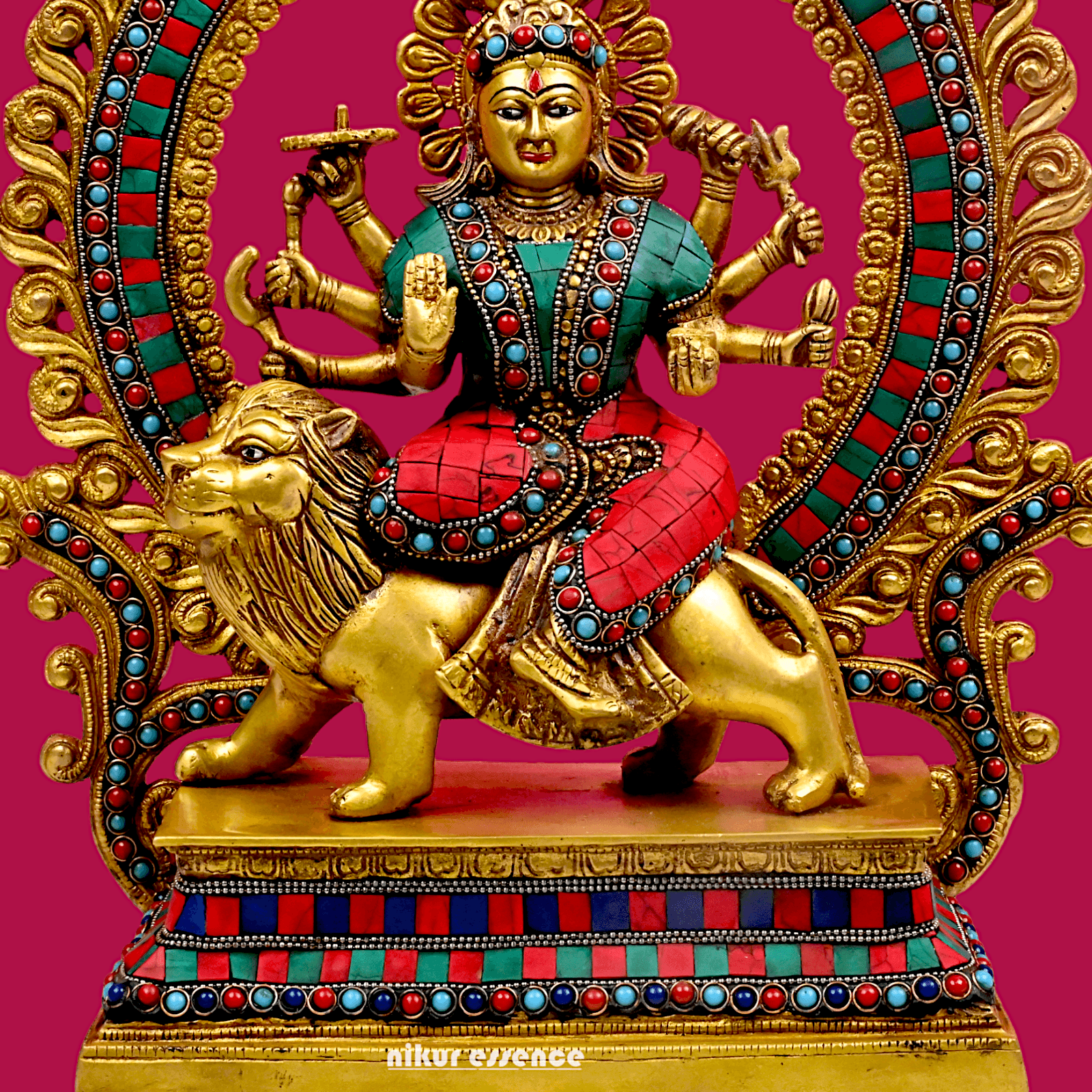 Large Brass Durga maa sitting on lion with stone work by Nikur Essence - 14.5 Inch Height