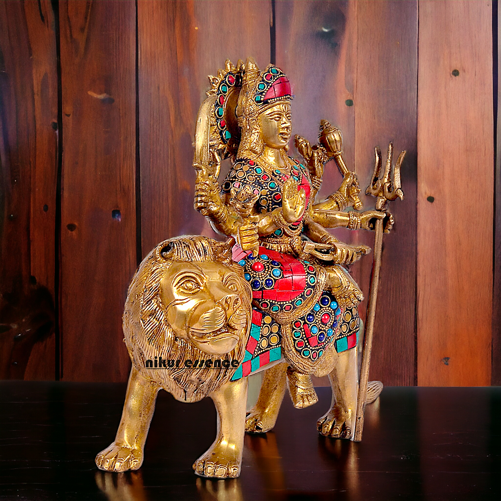 Buy Brass Sculpture of Mother Goddess Durga Seated on a Majestic Lion – 25.4 cm, An Intricate Work of Art by Nikur Essence