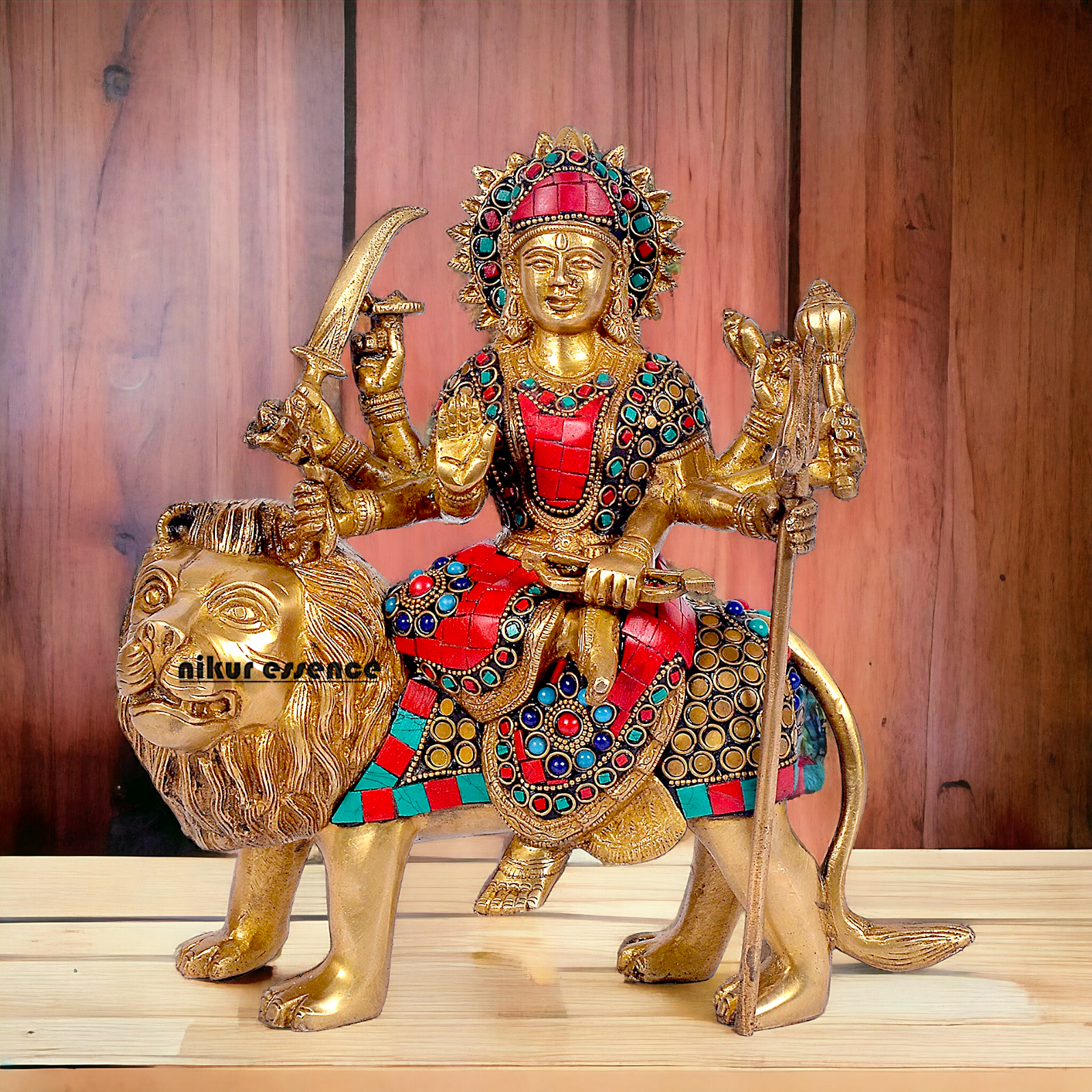 Buy Brass Sculpture of Mother Goddess Durga Seated on a Majestic Lion – 25.4 cm, An Intricate Work of Art by Nikur Essence