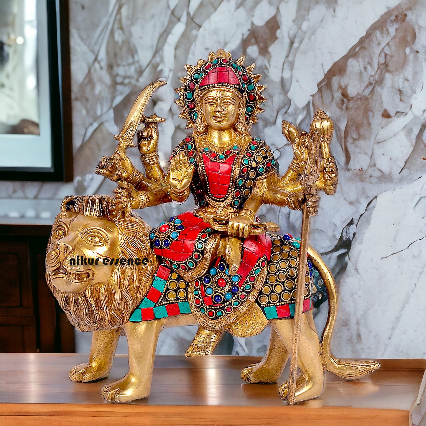 Buy Brass Sculpture of Mother Goddess Durga Seated on a Majestic Lion – 25.4 cm, An Intricate Work of Art by Nikur Essence