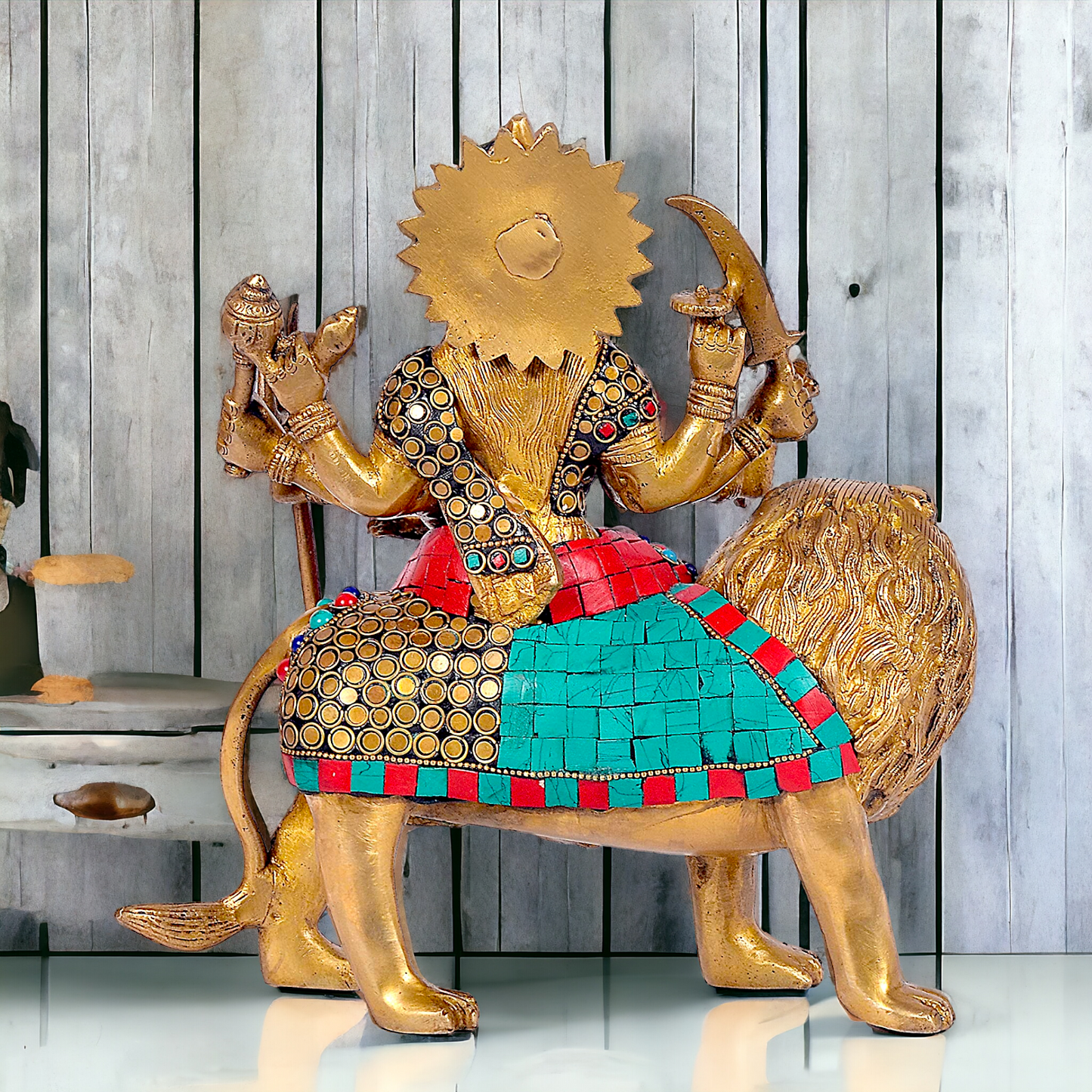 Buy Brass Sculpture of Mother Goddess Durga Seated on a Majestic Lion – 25.4 cm, An Intricate Work of Art by Nikur Essence