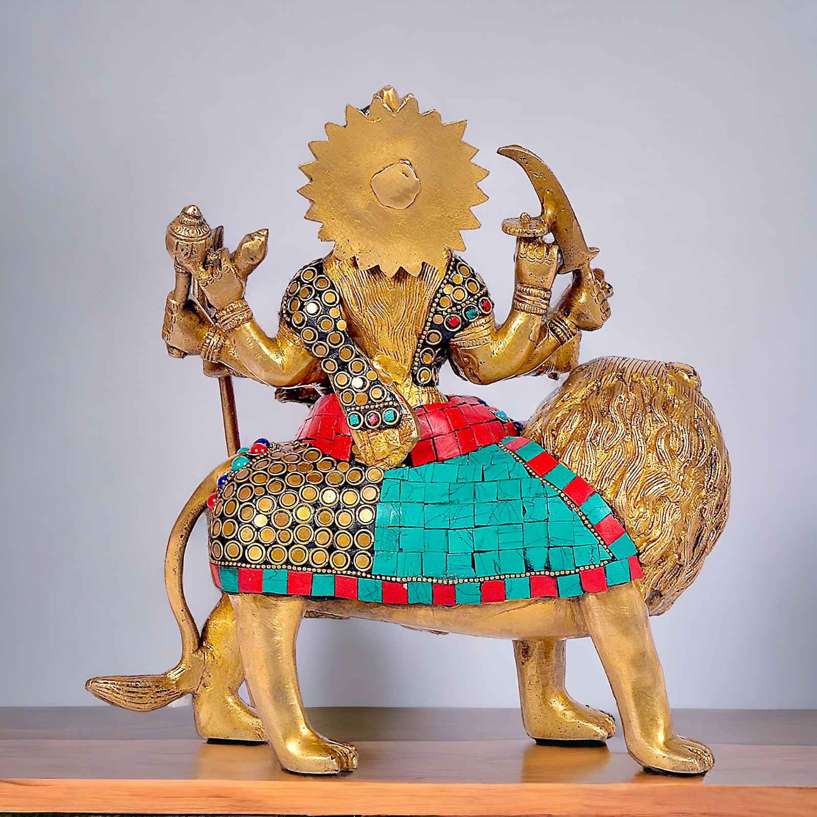 Buy Brass Sculpture of Mother Goddess Durga Seated on a Majestic Lion – 25.4 cm, An Intricate Work of Art by Nikur Essence