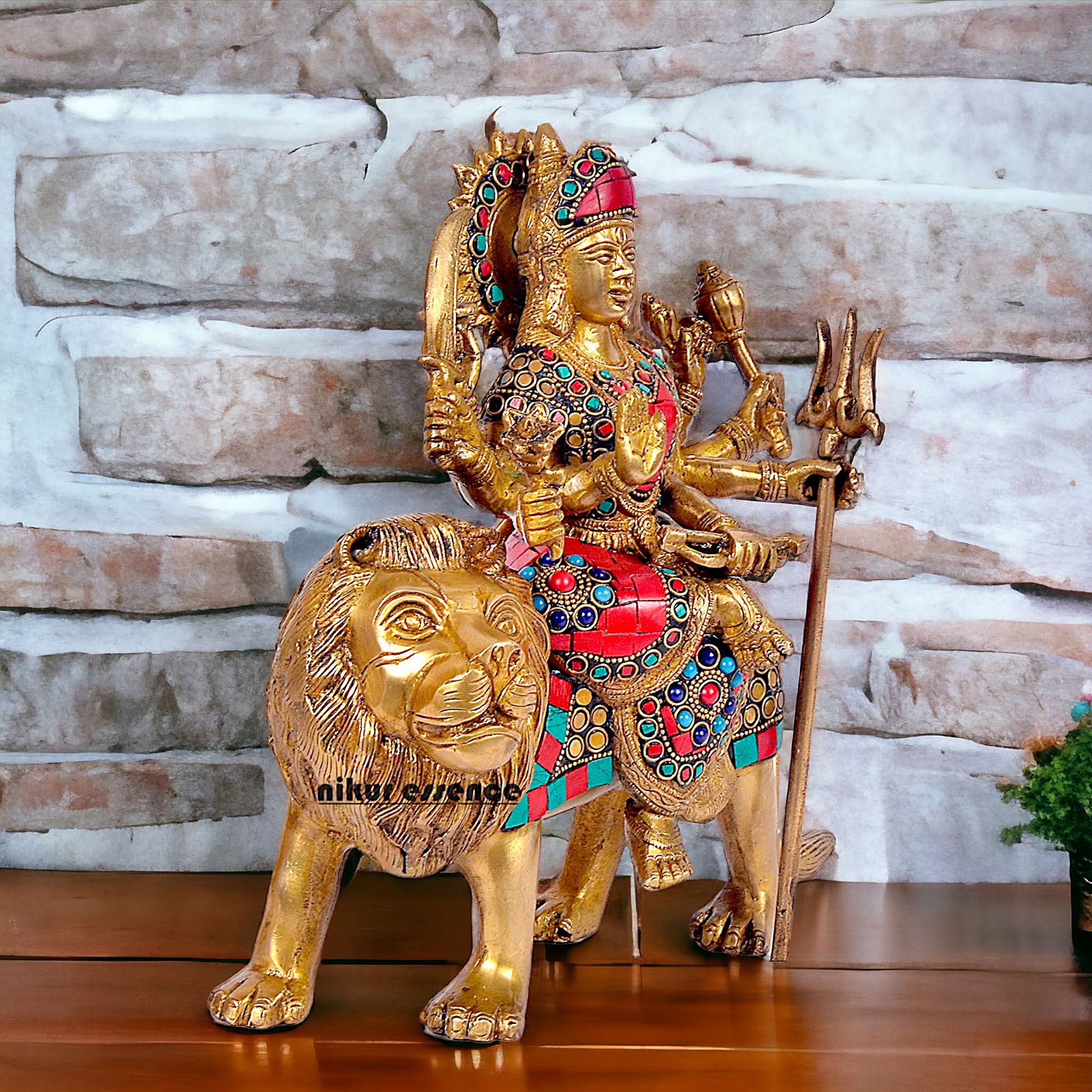 Buy Brass Sculpture of Mother Goddess Durga Seated on a Majestic Lion – 25.4 cm, An Intricate Work of Art by Nikur Essence