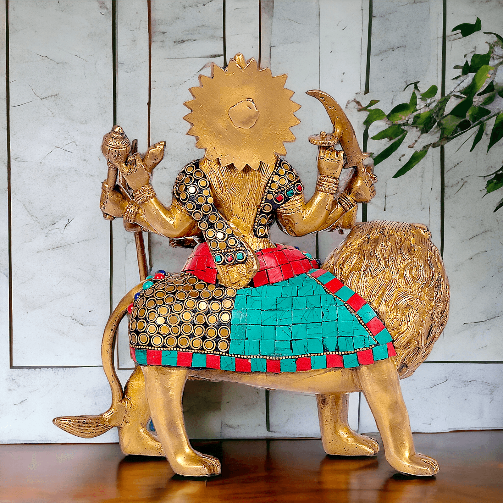 Buy Brass Sculpture of Mother Goddess Durga Seated on a Majestic Lion – 25.4 cm, An Intricate Work of Art by Nikur Essence