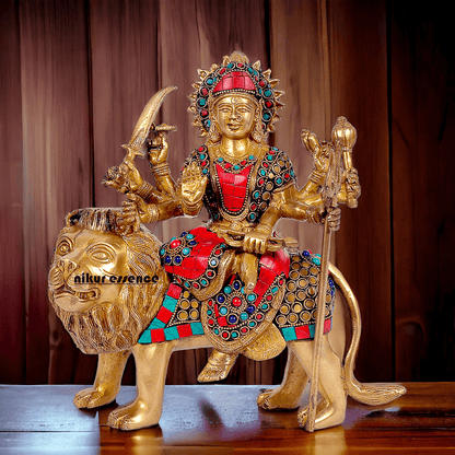 Buy Brass Sculpture of Mother Goddess Durga Seated on a Majestic Lion – 25.4 cm, An Intricate Work of Art by Nikur Essence