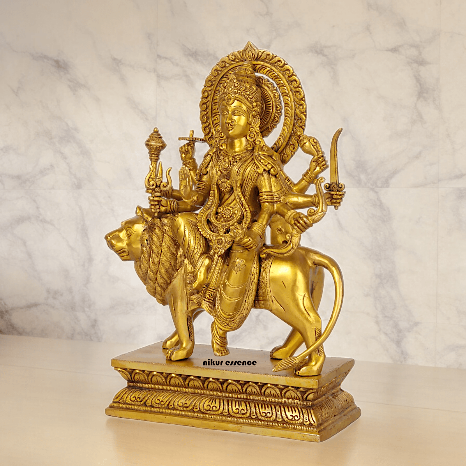 Superfine brass 43 cm Eight-Handed Goddess Durga Idol Seated on Lion - Exquisite Handcrafted