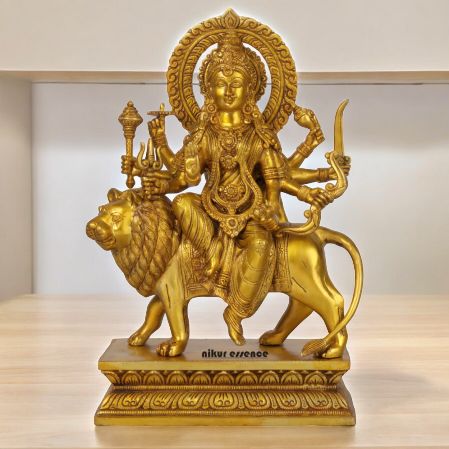 Superfine brass 43 cm Eight-Handed Goddess Durga Idol Seated on Lion - Exquisite Handcrafted