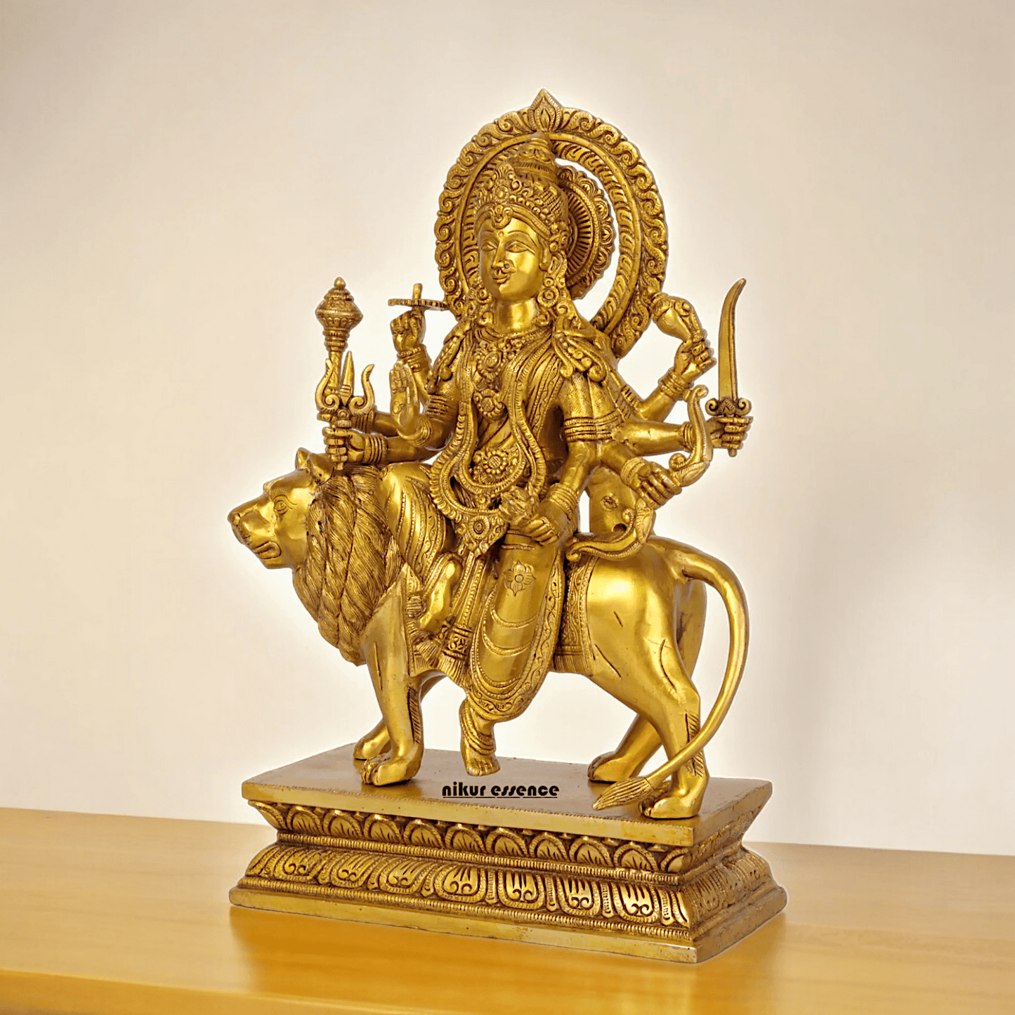 Superfine brass 43 cm Eight-Handed Goddess Durga Idol Seated on Lion - Exquisite Handcrafted