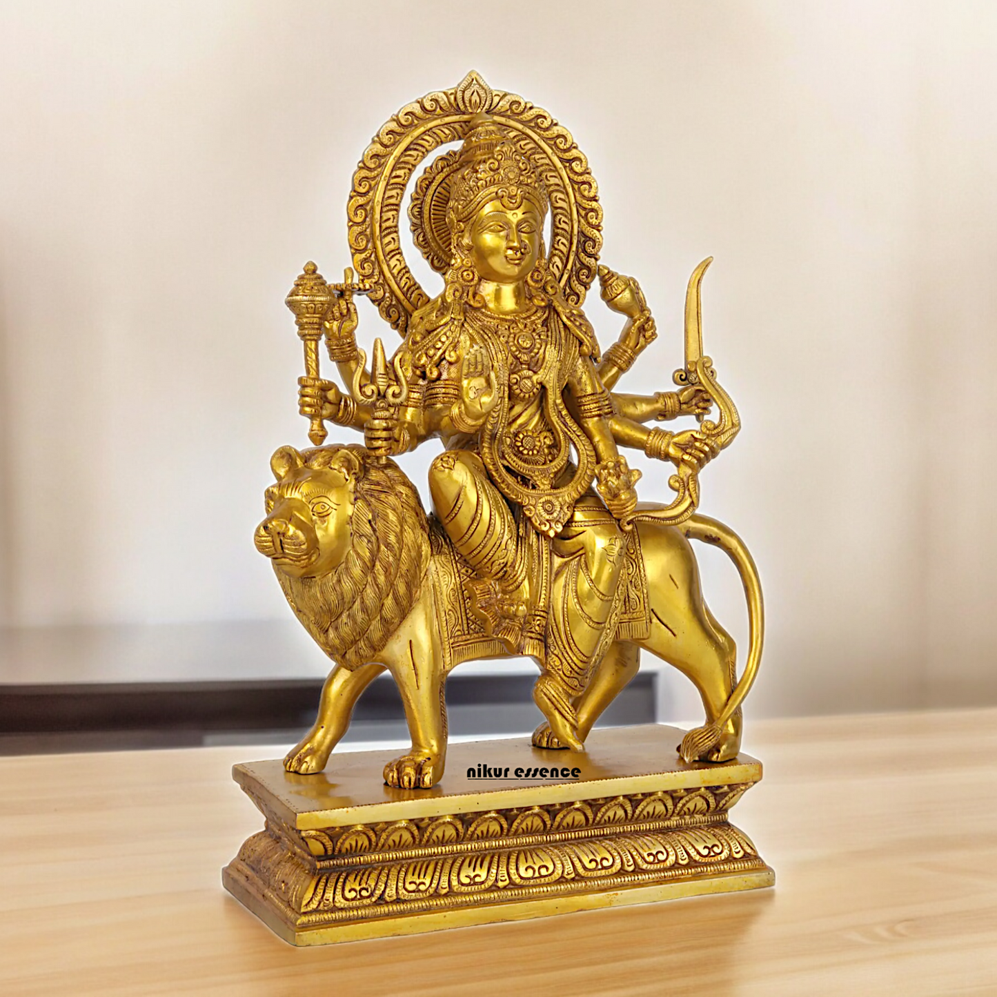 Superfine brass 43 cm Eight-Handed Goddess Durga Idol Seated on Lion - Exquisite Handcrafted