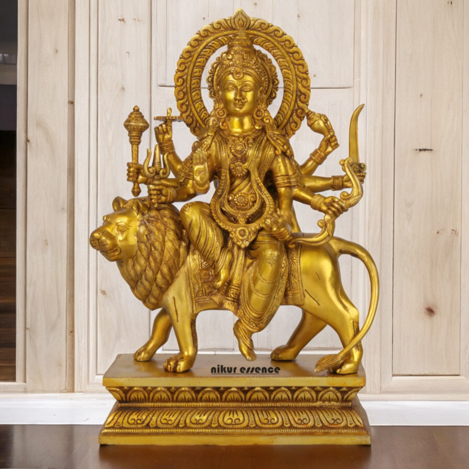 Superfine brass 43 cm Eight-Handed Goddess Durga Idol Seated on Lion - Exquisite Handcrafted