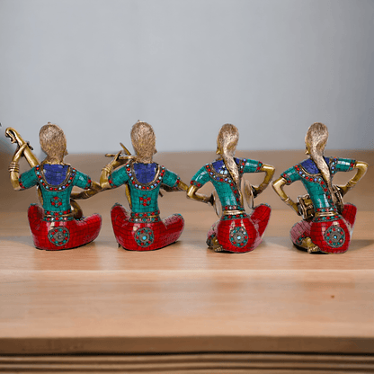 Brass Four Lady Musicians Statues - Set of Four Exquisite Handcrafted Figures with Intricate Inlay Work and Detailed Artistry