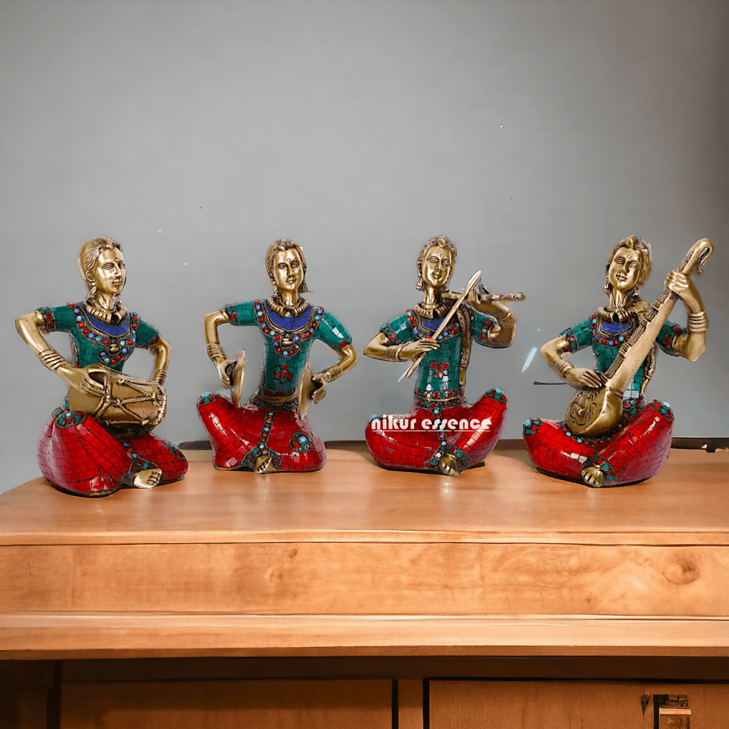 Brass Four Lady Musicians Statues - Set of Four Exquisite Handcrafted Figures with Intricate Inlay Work and Detailed Artistry