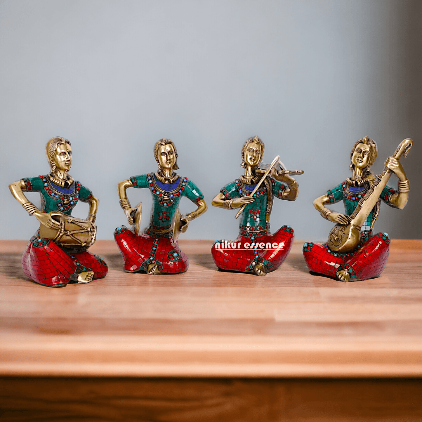 Brass Four Lady Musicians Statues - Set of Four Exquisite Handcrafted Figures with Intricate Inlay Work and Detailed Artistry