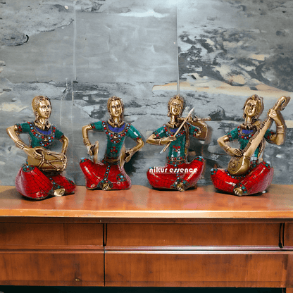 Brass Four Lady Musicians Statues - Set of Four Exquisite Handcrafted Figures with Intricate Inlay Work and Detailed Artistry