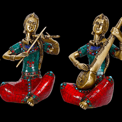 Brass Four Lady Musicians Statues - Set of Four Exquisite Handcrafted Figures with Intricate Inlay Work and Detailed Artistry