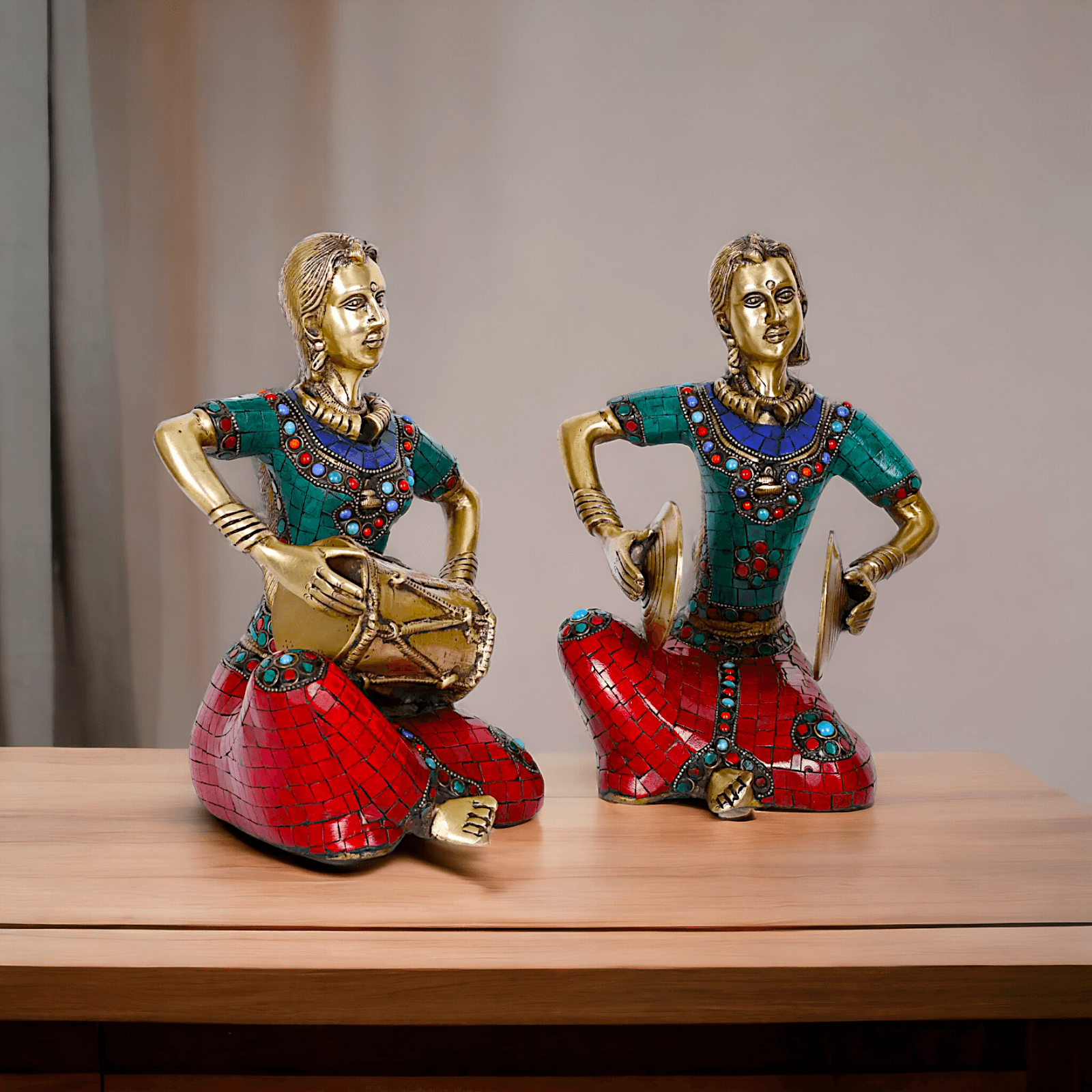 Brass Four Lady Musicians Statues - Set of Four Exquisite Handcrafted Figures with Intricate Inlay Work and Detailed Artistry