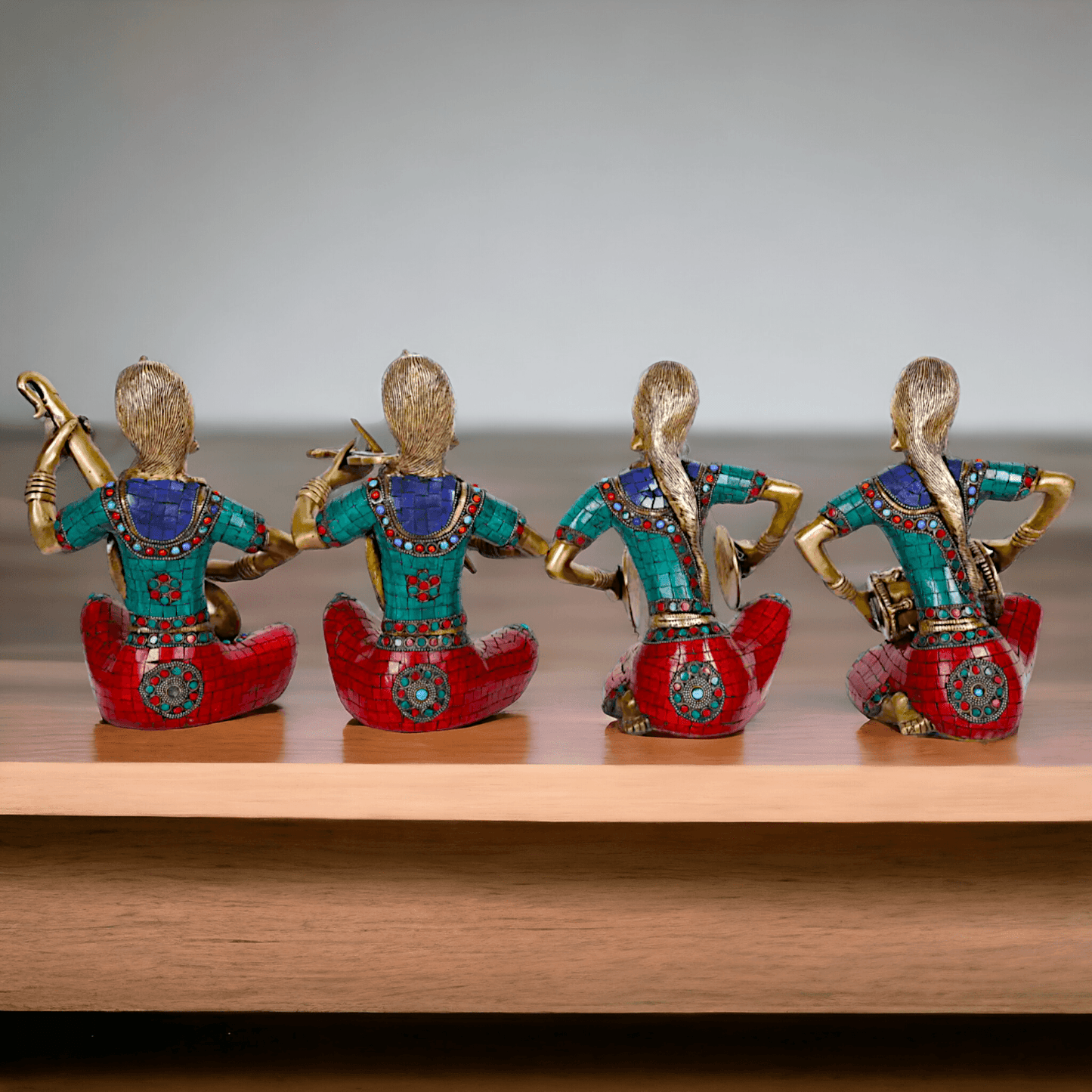 Brass Four Lady Musicians Statues - Set of Four Exquisite Handcrafted Figures with Intricate Inlay Work and Detailed Artistry