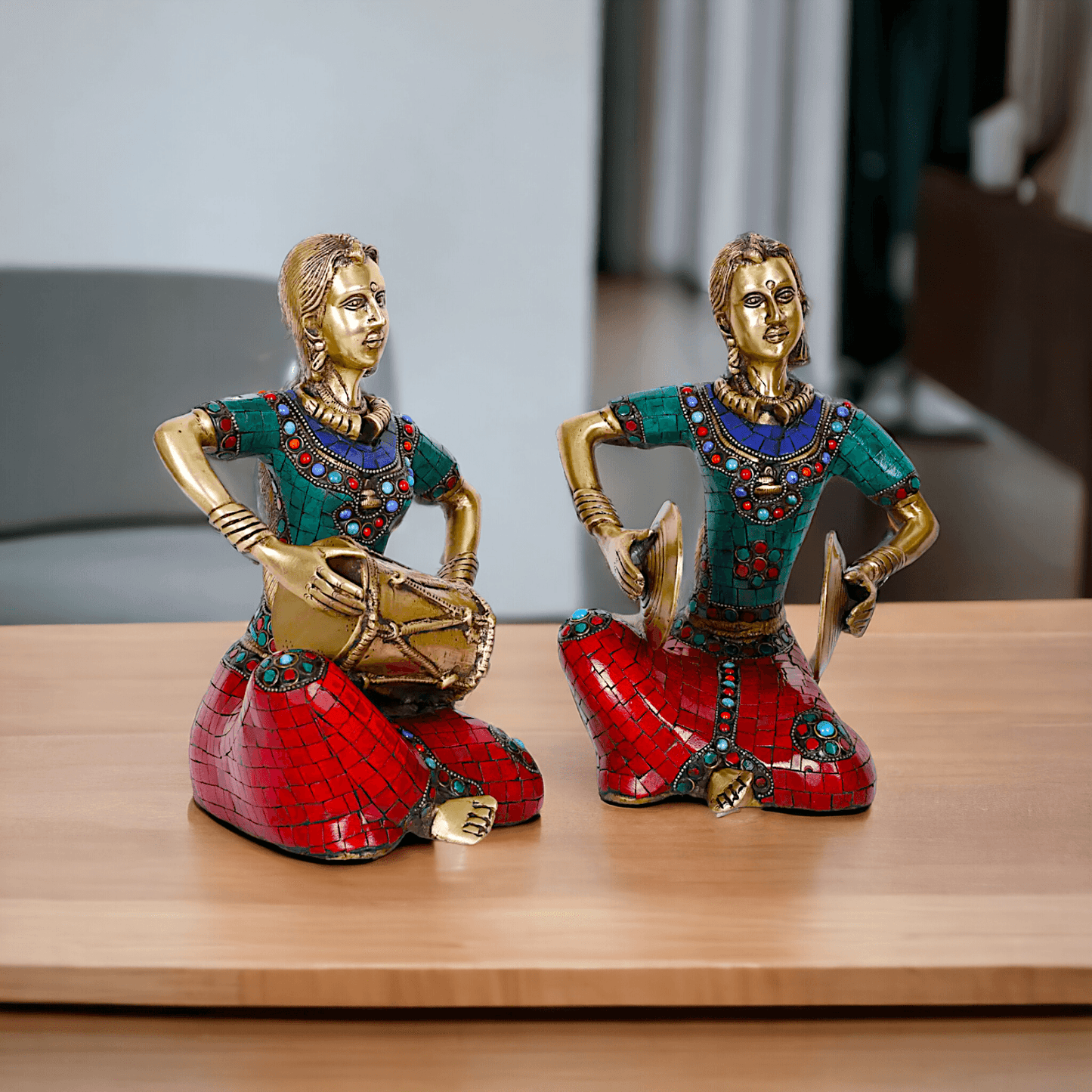 Brass Four Lady Musicians Statues - Set of Four Exquisite Handcrafted Figures with Intricate Inlay Work and Detailed Artistry