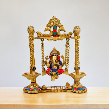 Buy Brass Ganesh Bhagwan Jhula with Two Diyas – Handcrafted Ganesha Idol 22.9 cm Idols Nikuressence