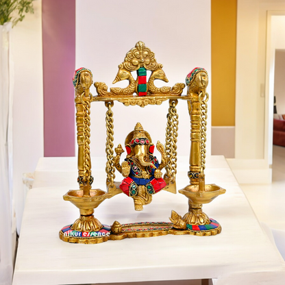 Buy Brass Ganesh Bhagwan Jhula with Two Diyas – Handcrafted Ganesha Idol 22.9 cm Idols Nikuressence