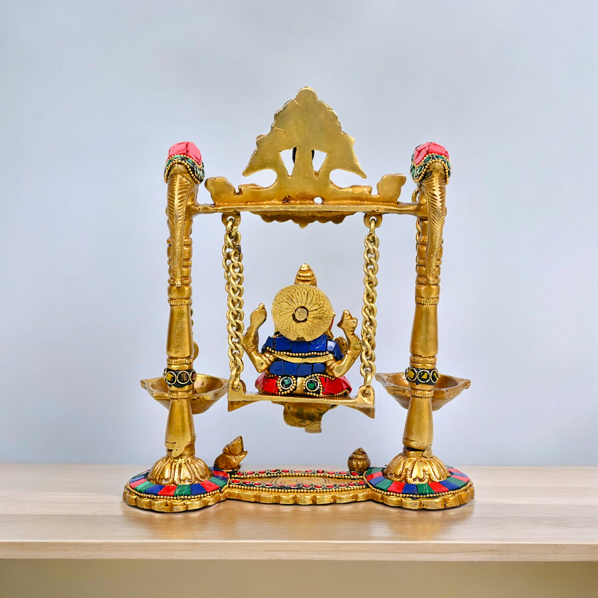 Buy Brass Ganesh Bhagwan Jhula with Two Diyas – Handcrafted Ganesha Idol 22.9 cm Idols Nikuressence