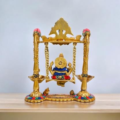 Buy Brass Ganesh Bhagwan Jhula with Two Diyas – Handcrafted Ganesha Idol 22.9 cm Idols Nikuressence