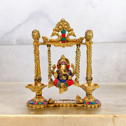 Buy Brass Ganesh Bhagwan Jhula with Two Diyas – Handcrafted Ganesha Idol 22.9 cm Idols Nikuressence