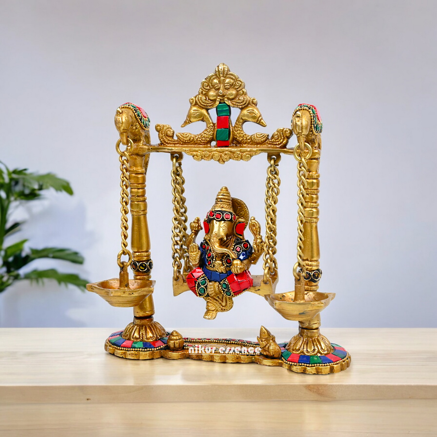 Buy Brass Ganesh Bhagwan Jhula with Two Diyas – Handcrafted Ganesha Idol 22.9 cm Idols Nikuressence