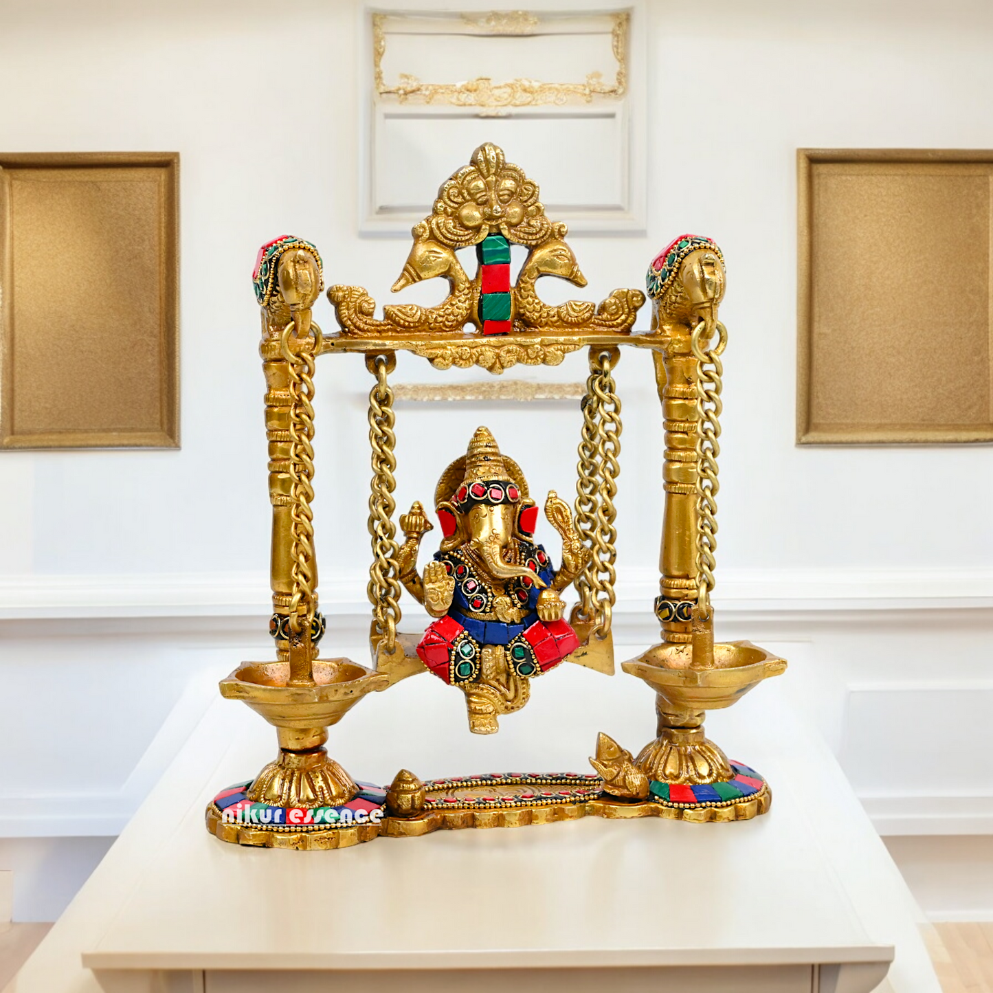 Buy Brass Ganesh Bhagwan Jhula with Two Diyas – Handcrafted Ganesha Idol 22.9 cm Idols Nikuressence