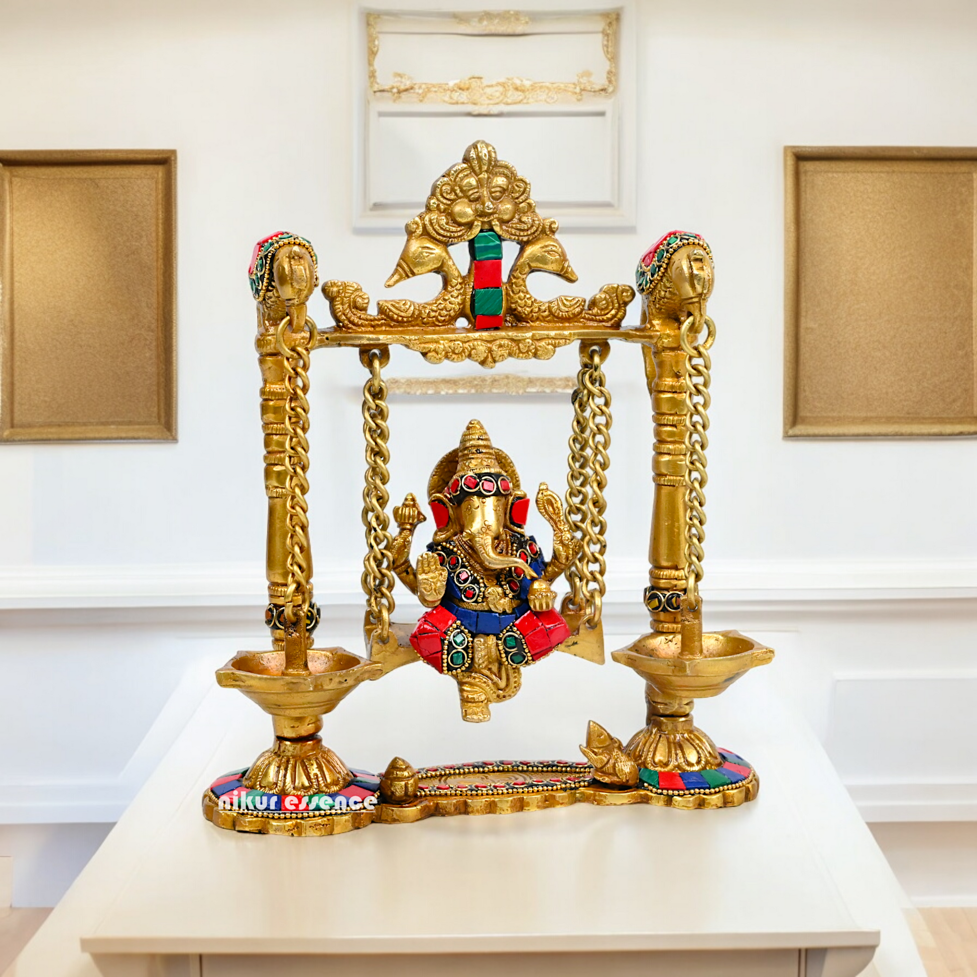 Buy Brass Ganesh Bhagwan Jhula with Two Diyas – Handcrafted Ganesha Idol 22.9 cm Idols Nikuressence