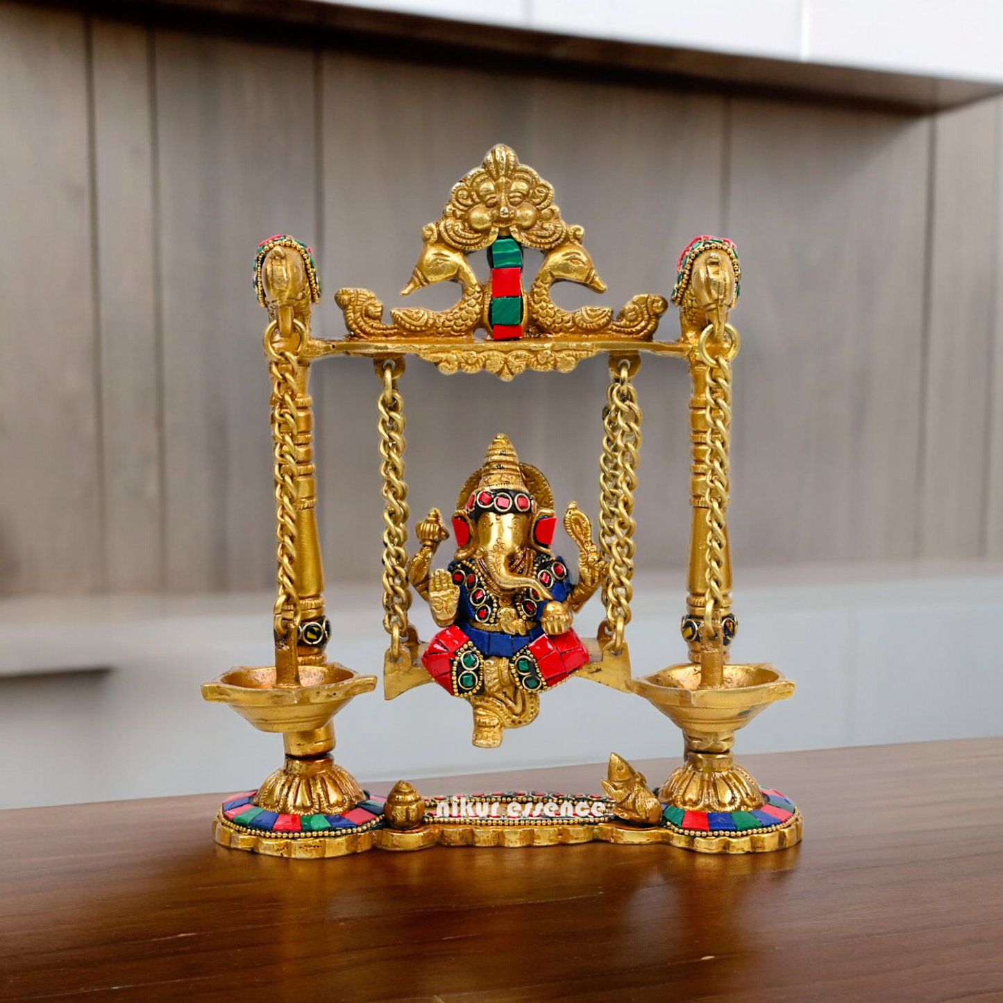 Buy Brass Ganesh Bhagwan Jhula with Two Diyas – Handcrafted Ganesha Idol 22.9 cm Idols Nikuressence