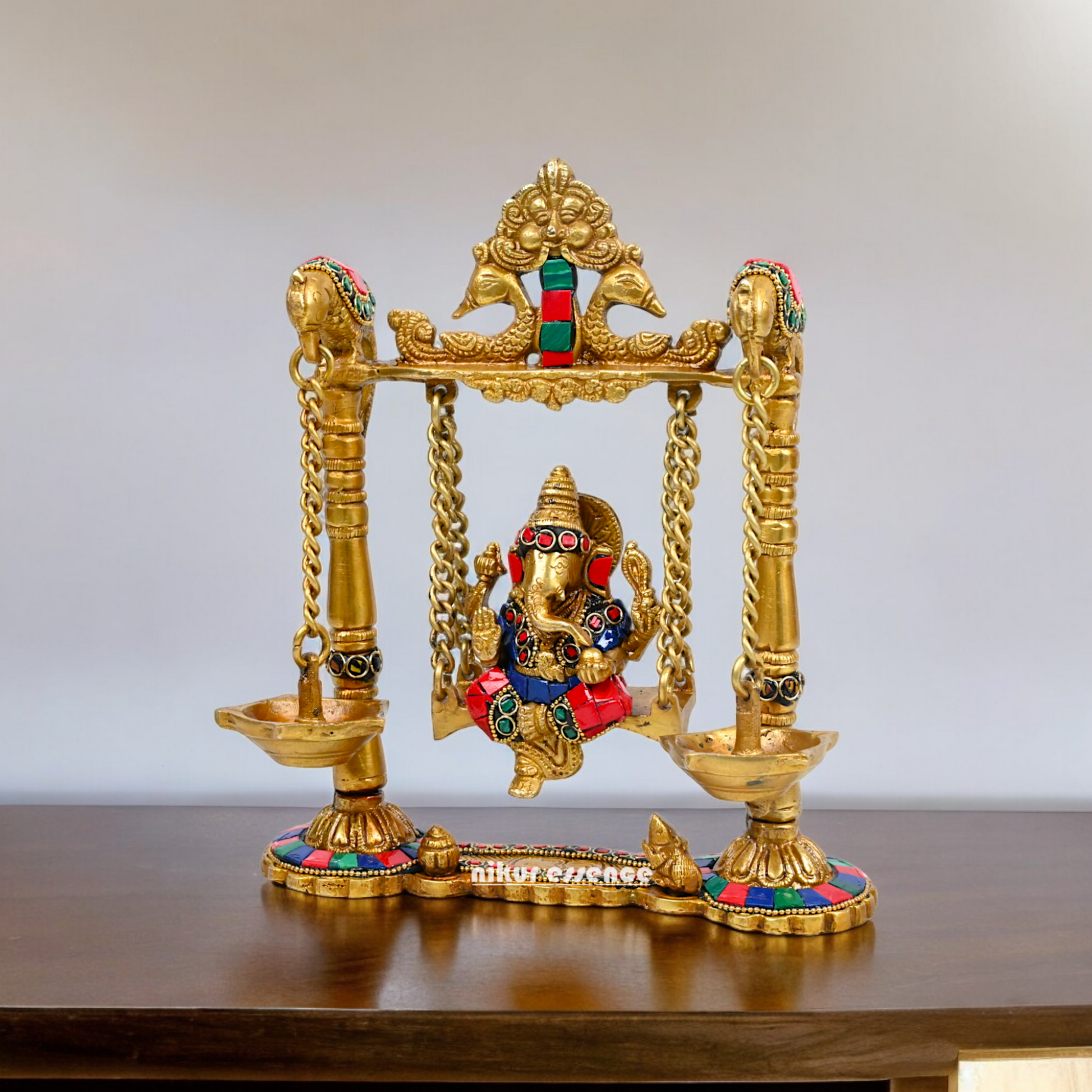 Buy Brass Ganesh Bhagwan Jhula with Two Diyas – Handcrafted Ganesha Idol 22.9 cm Idols Nikuressence