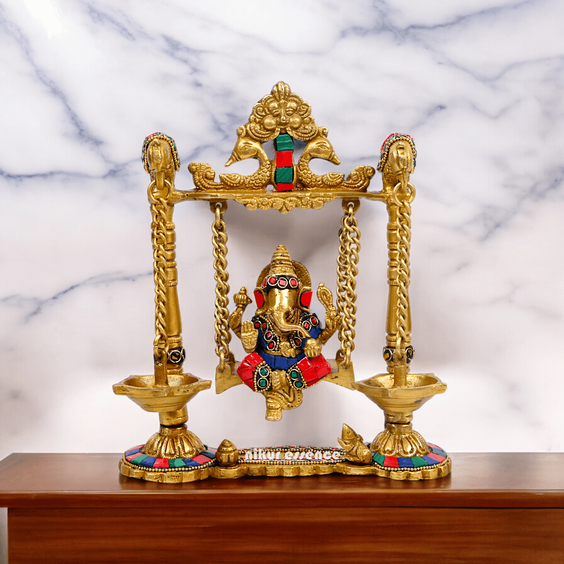 Buy Brass Ganesh Bhagwan Jhula with Two Diyas – Handcrafted Ganesha Idol 22.9 cm Idols Nikuressence