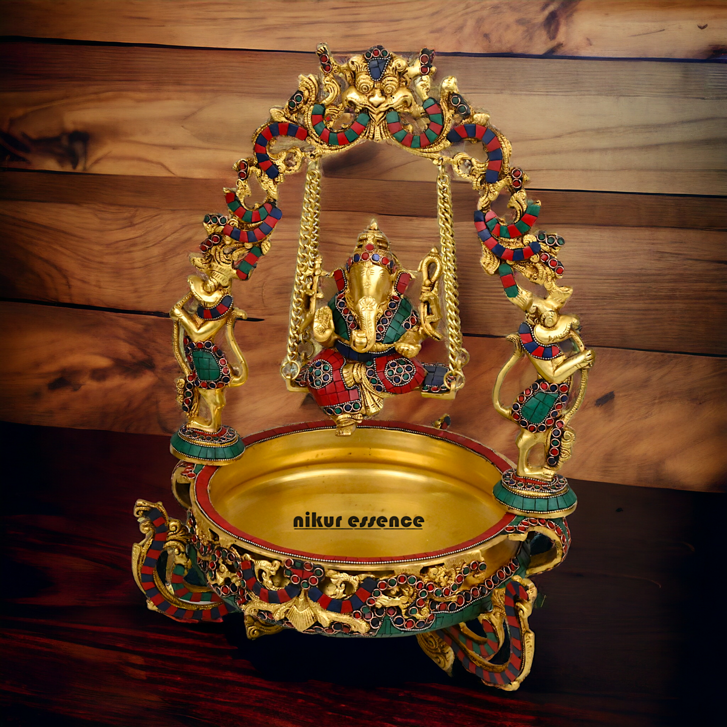 Brass Ganesh Jhula Urli with stone work -nikuressence