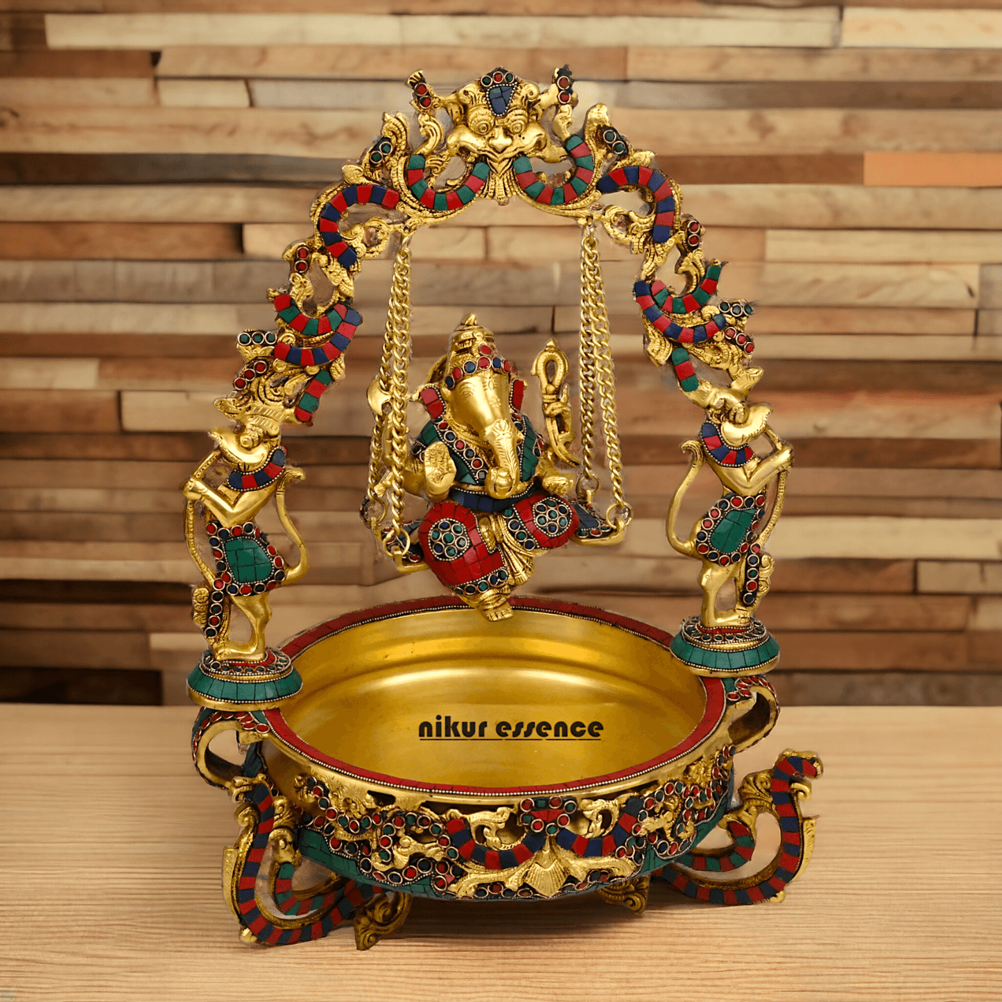 Brass Ganesh Jhula Urli with stone work -nikuressence