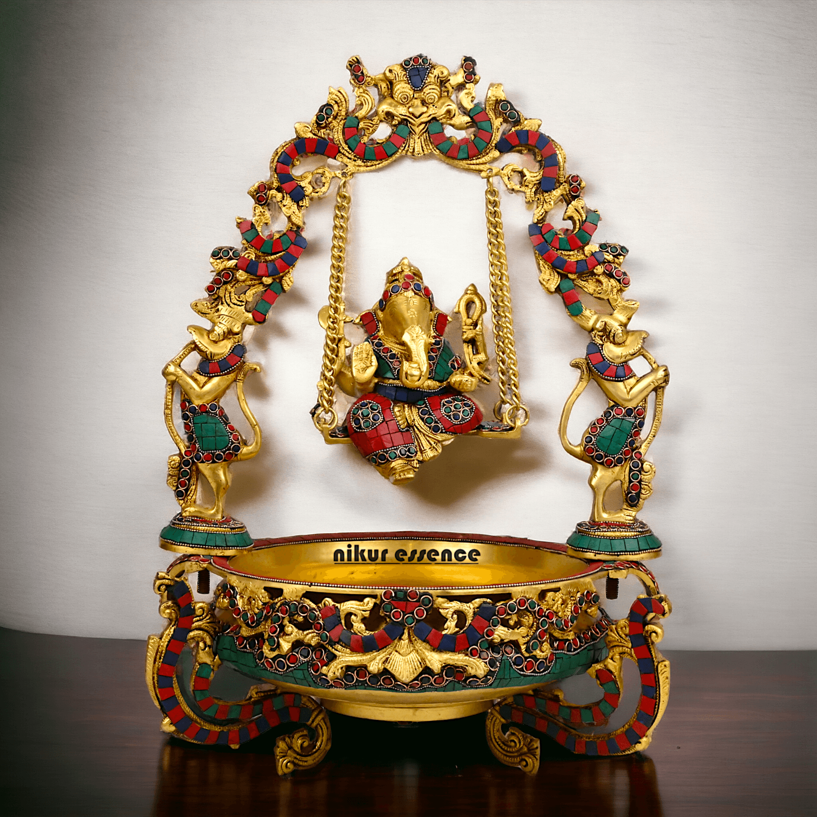 Brass Ganesh Jhula Urli with stone work -nikuressence