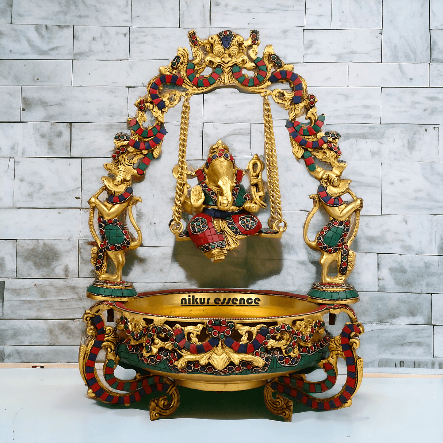 Brass Ganesh Jhula Urli with stone work -nikuressence