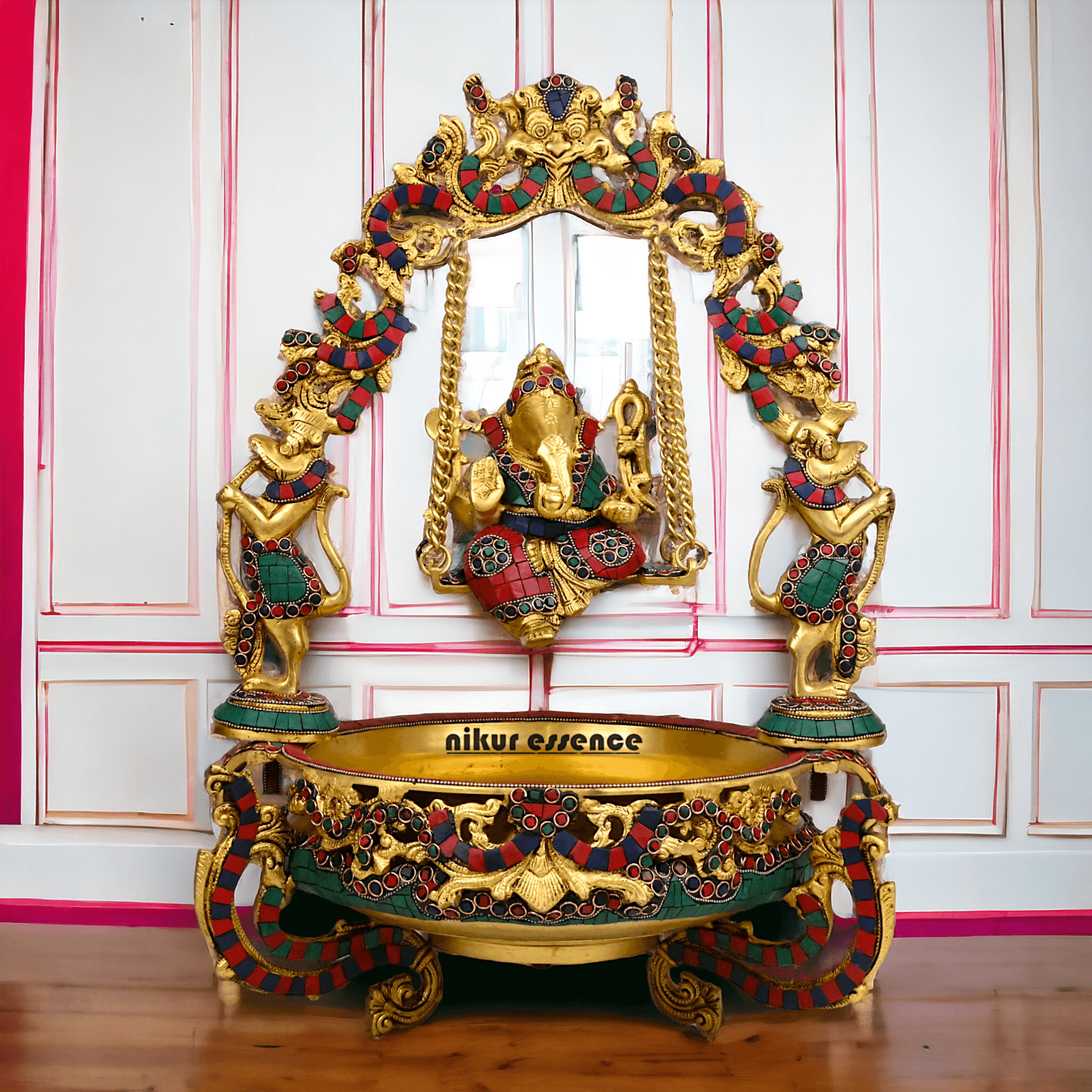 Brass Ganesh Jhula Urli with stone work -nikuressence