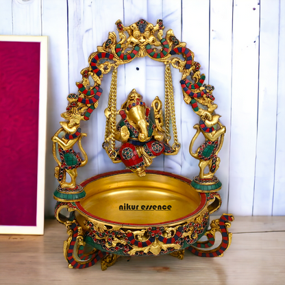 Brass Ganesh Jhula Urli with stone work -nikuressence