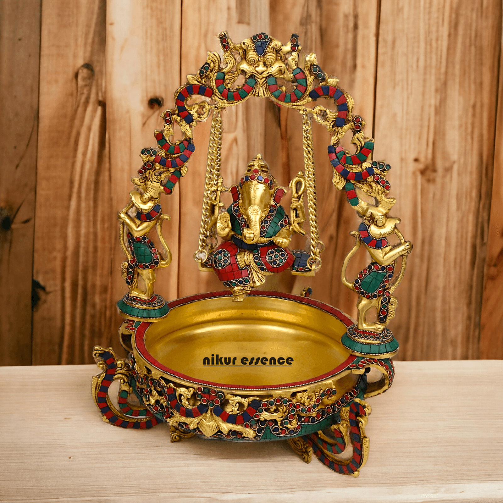 Brass Ganesh Jhula Urli with stone work -nikuressence