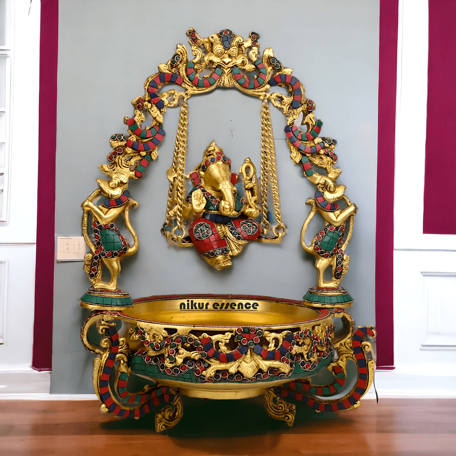 Brass Ganesh Jhula Urli with stone work -nikuressence