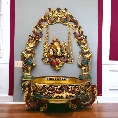 Brass Ganesh Jhula Urli with stone work -nikuressence