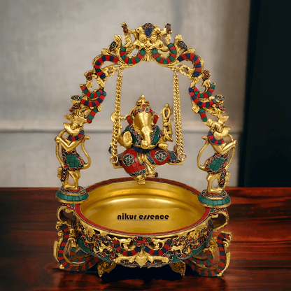 Brass Ganesh Jhula Urli with stone work -nikuressence