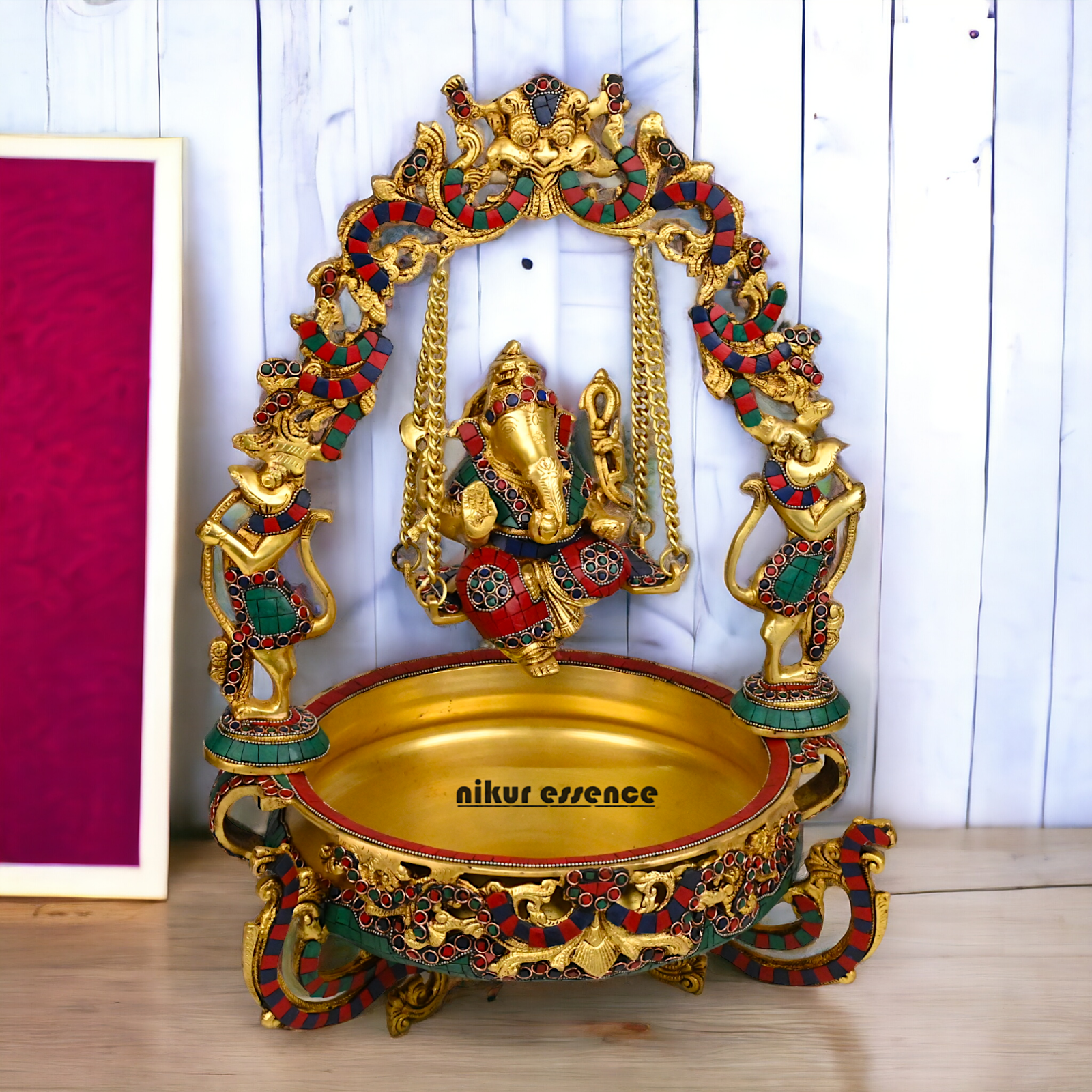 Large Brass Ganesh Urli with stone work by Nikur Essence - 21 Inch Idols Nikuressence