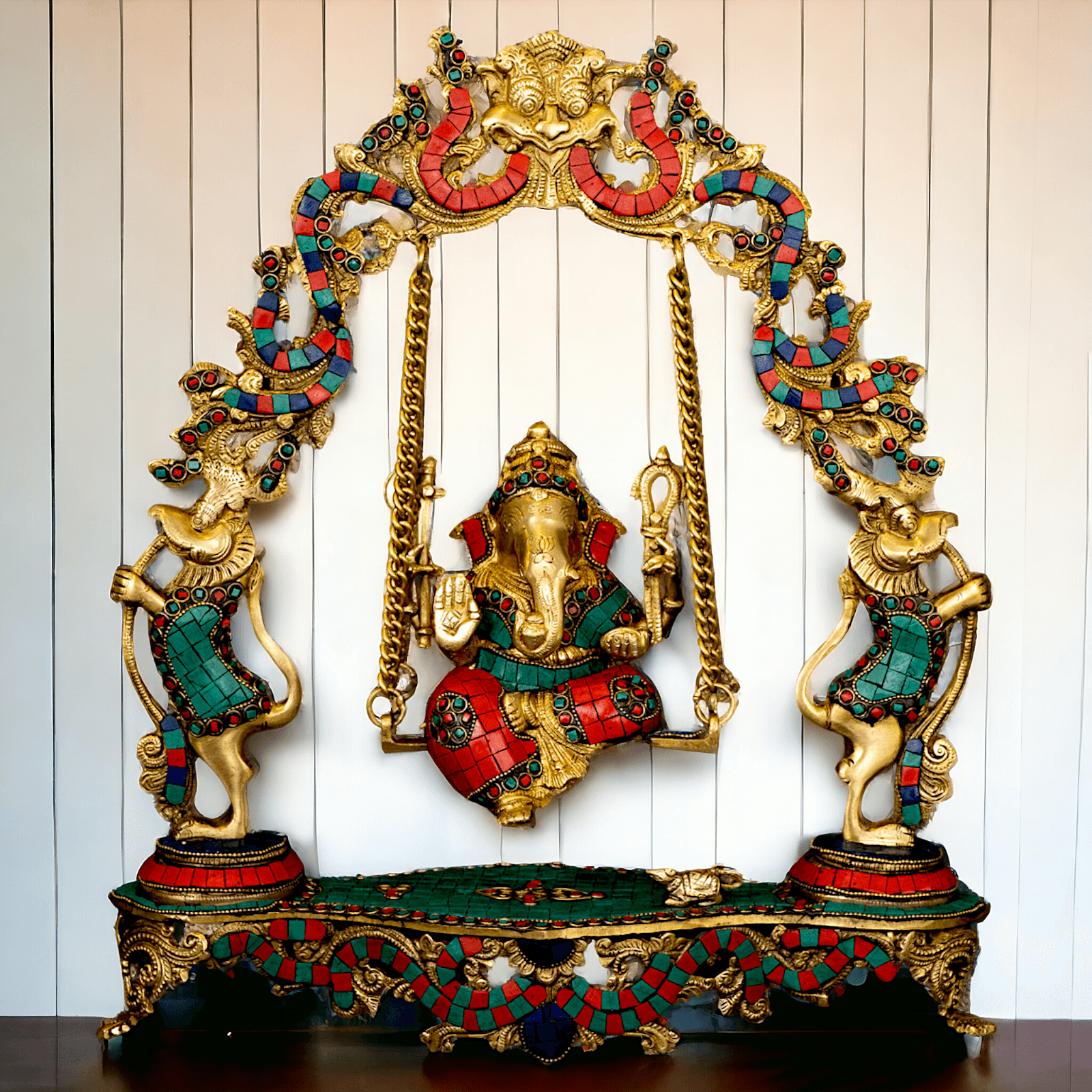 Lord brass Ganesh swing with Inlay work by Nikur Essence - 45.5 cm Height Idols Nikuressence